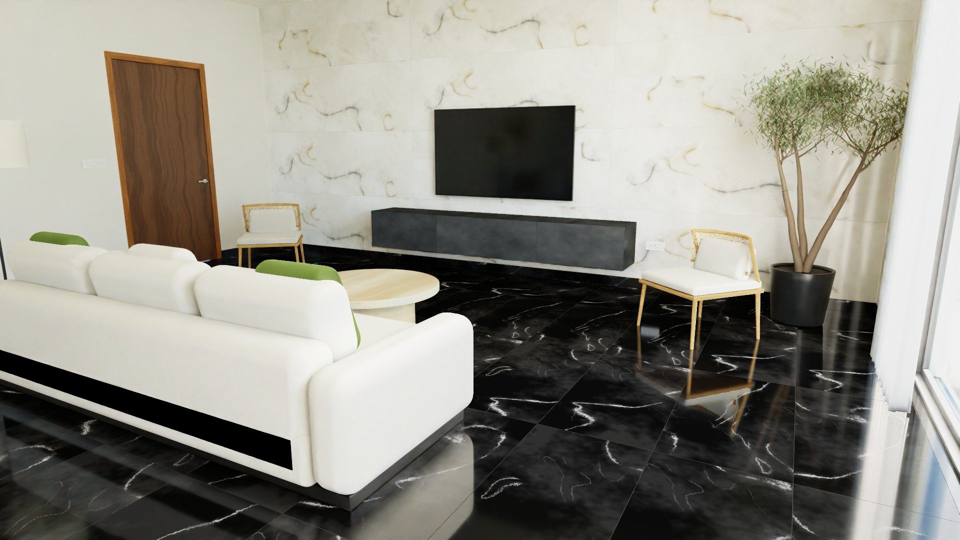 Nero Marquina laid in a rendered living room
