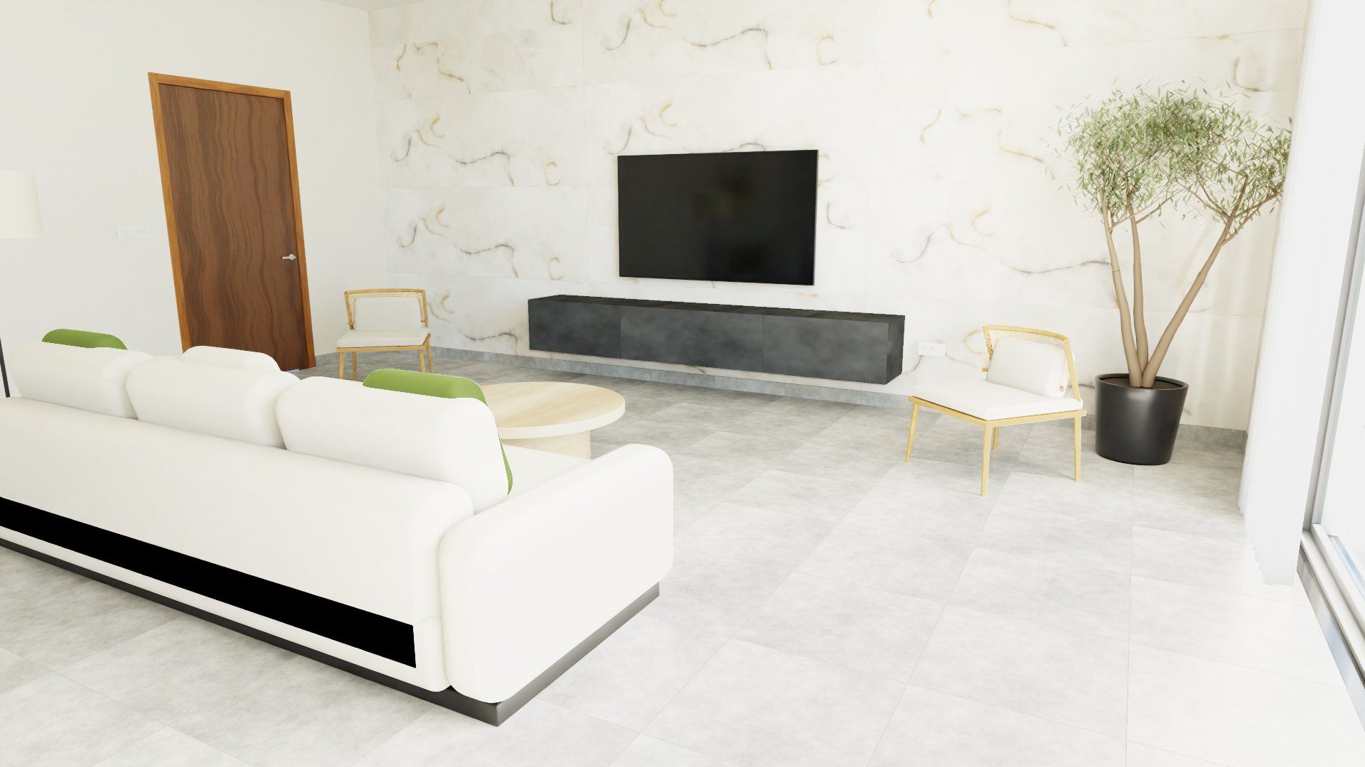 Cemento Smoke laid in a rendered living room